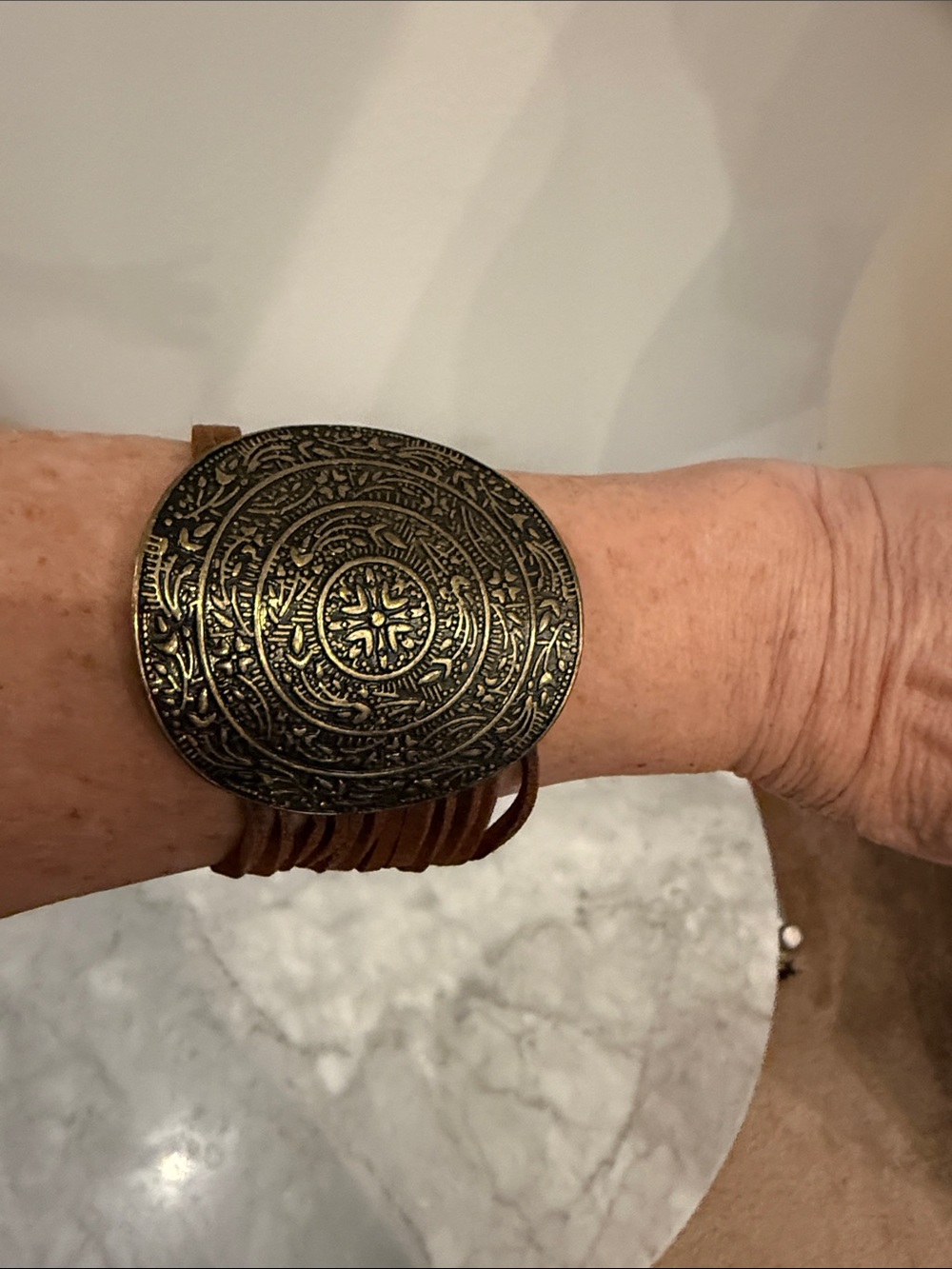Boho Engraved Medallion Leather Cuff Bracelet - Brown
